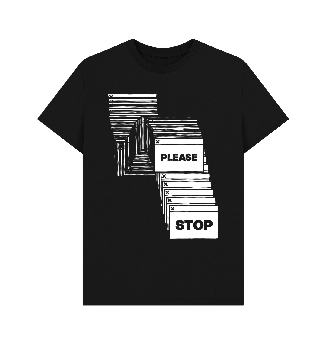 T-shirt: Cascades of modal windows, with the two front-most ones reading “please” and “stop” respectively.