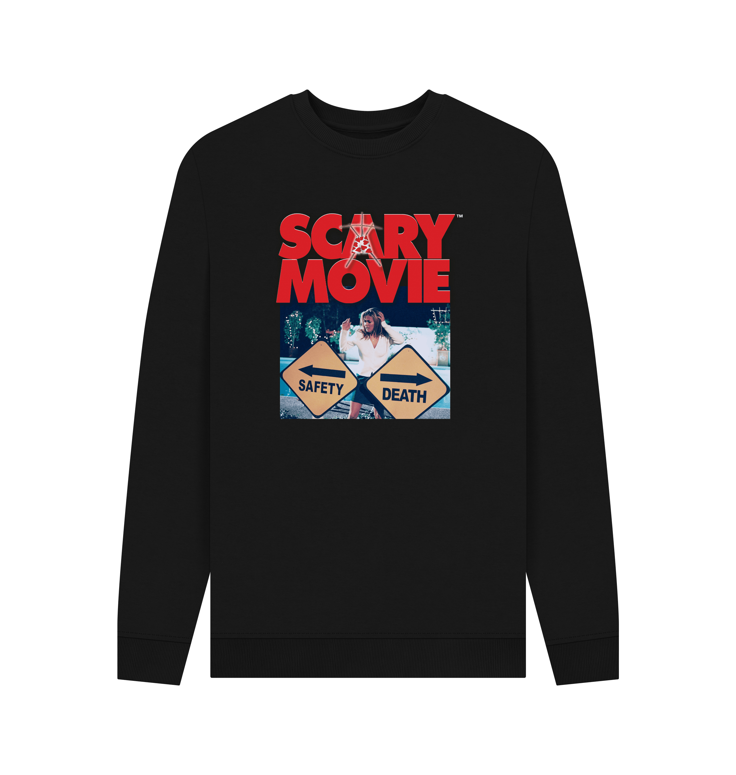 PREMIUM OFFICIAL Scary Movie Official Safety vs Death Graphic Black Sweatshirt - Picture 2 of 3