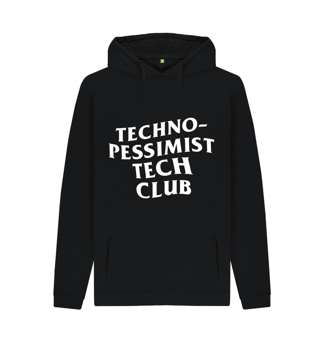 White design on a black T-shirt: TechnoPessimist Tech Club written in a wavy display font Design by Joey Castillo