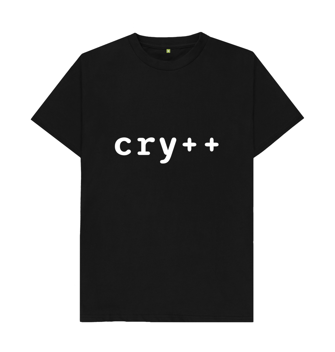 White design on a black T-shirt: The word cry followed by the increment operator