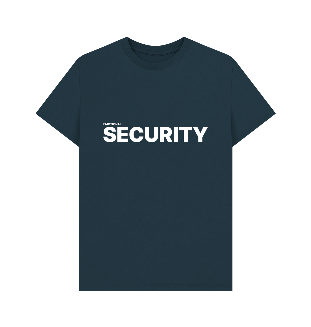 White design on a black T-shirt: Emotional written in very small difficult to see text followed by Security written in big bold text