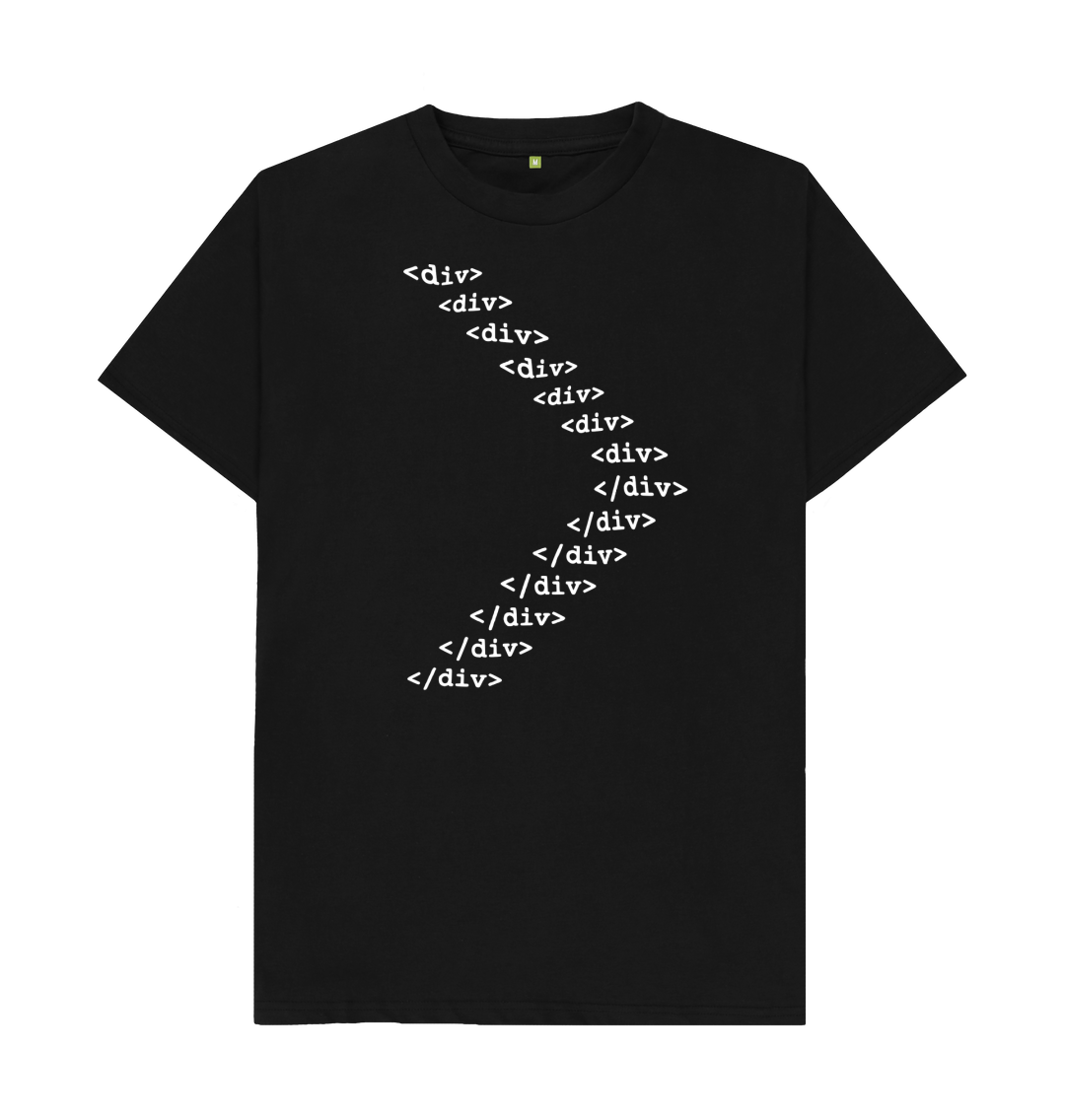 White design on a black T-shirt: A nested structure of slightly warped and degraded HTML div elements forming an arrow shape