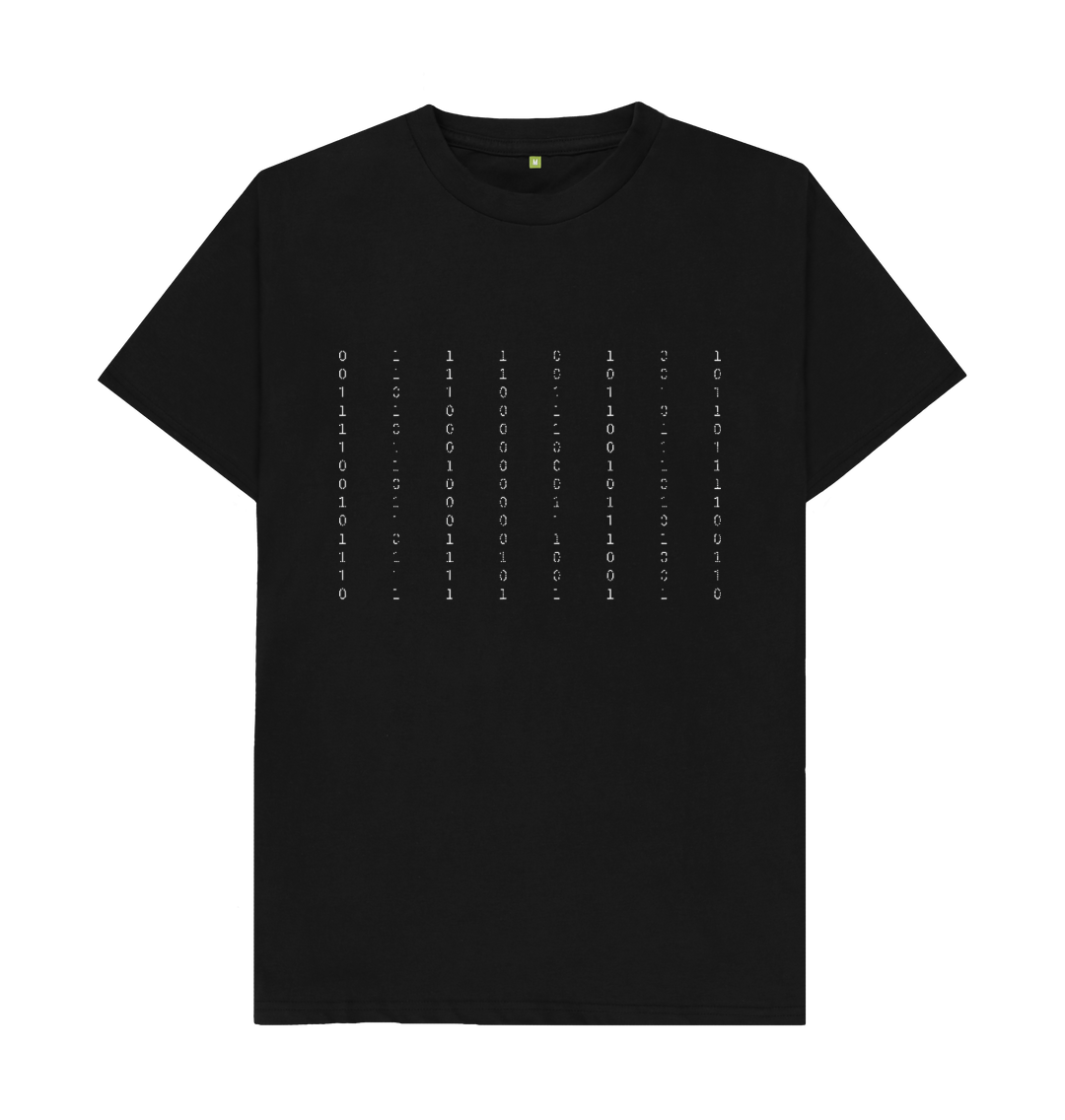 White design on a black T-shirt: A cascade of glitchy binary numbers drifts down the Tshirt