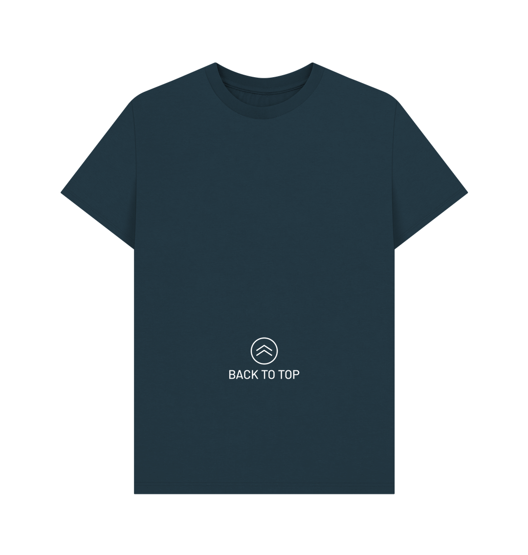 White design on a black T-shirt: Back to top button placed low down on the front of the Tshirt