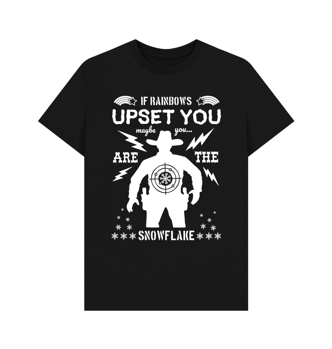 T-shirt: (in a hyper masculine style, featuring western fonts and a cowboy, the text reads “if rainbows upset you, maybe you are the snowflake”)