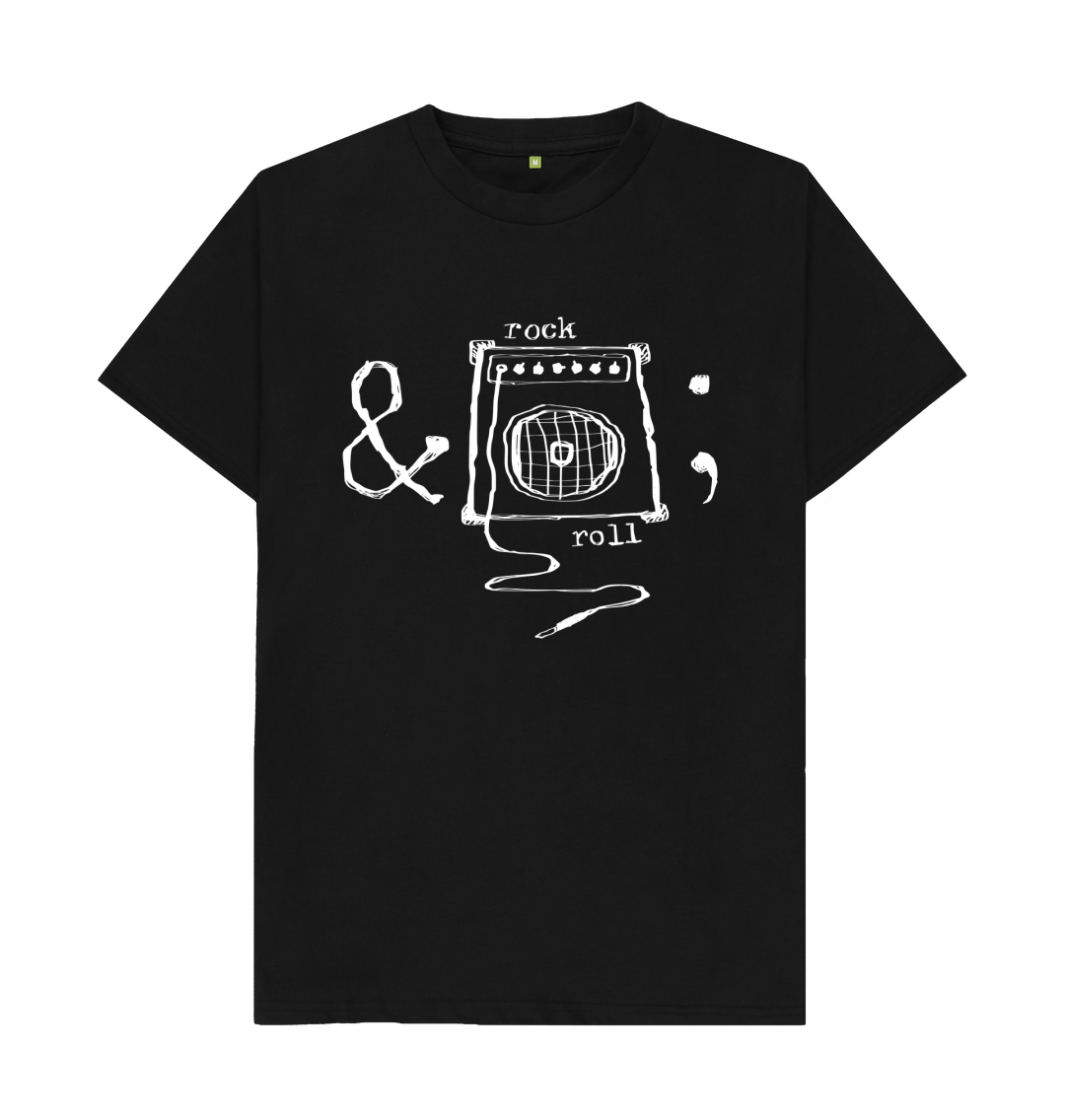 White design on a black T-shirt: A rough sketchy design that reads rock amp roll except the ampersand is the character entity reference with the amp part replaced with a guitar amplifier