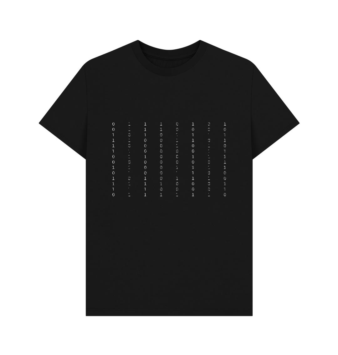T-shirt: (A cascade of glitchy binary numbers drifts down the T-shirt)