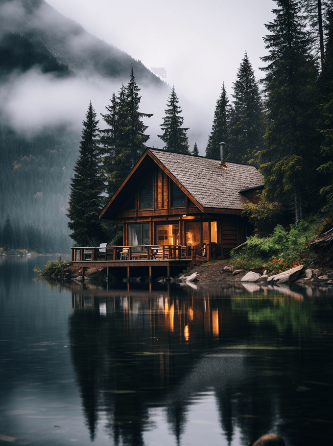 Panoramic view of a serene lake reflecting the cozy, tiny cabins along its shore, encapsulating the calm and sustainable lifestyle they embody.