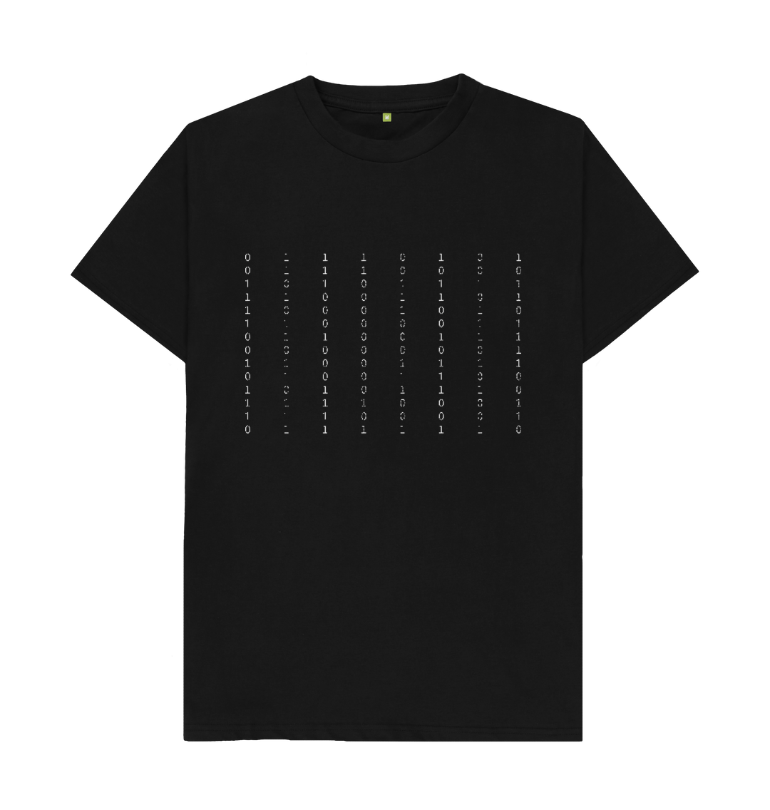 (A cascade of glitchy binary numbers drifts down the T-shirt)