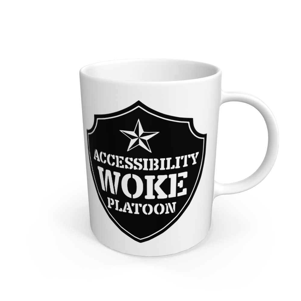 (White mug with an insignia with the text \