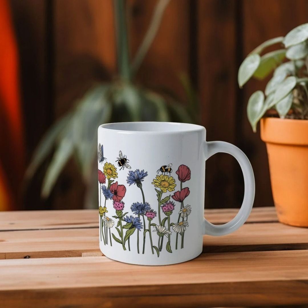 Natural White Wildflowers Porcelain Mug | Hand Painted Flowers Pottery Mug  | Spring Coffee Mug