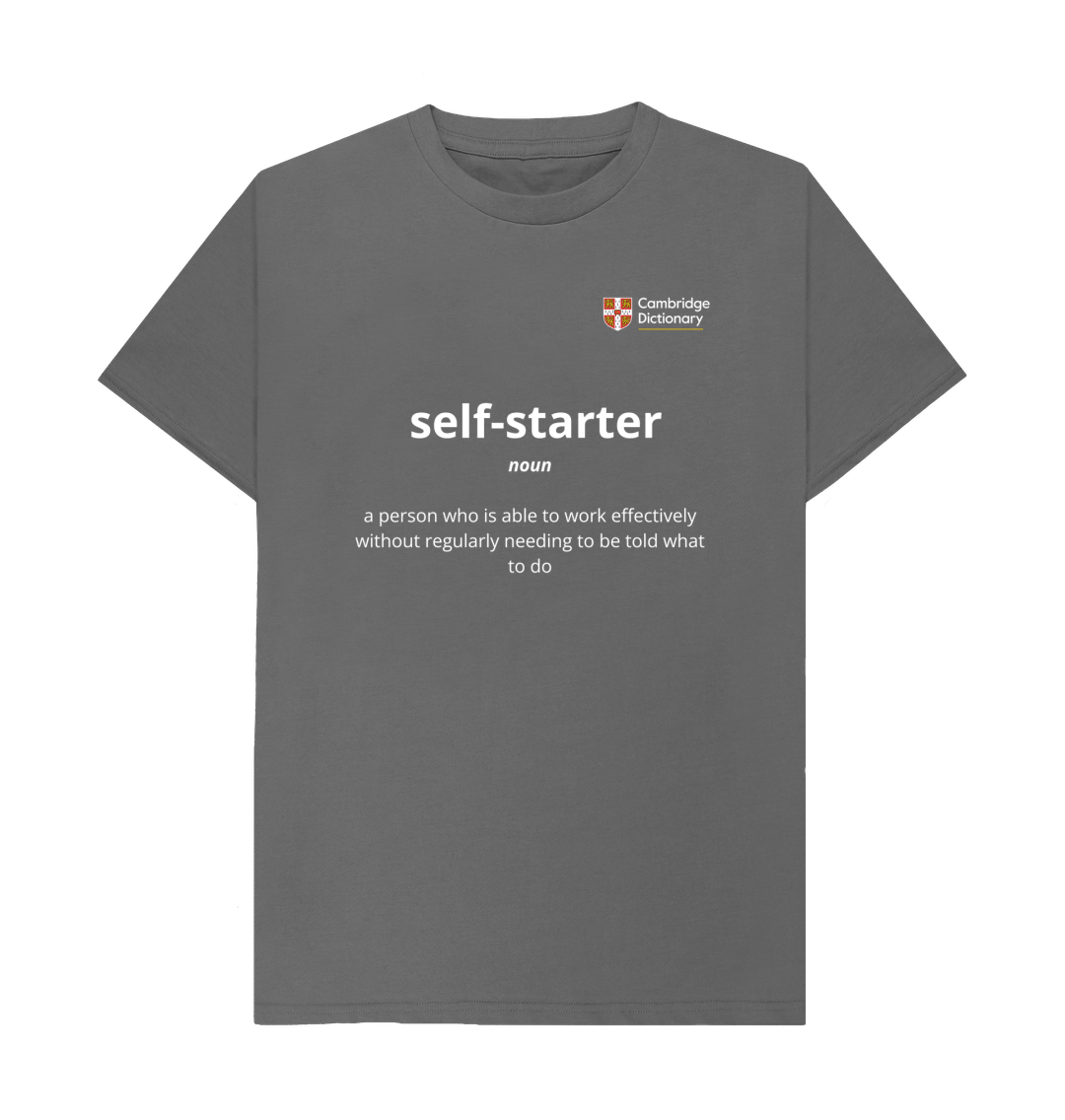 Selfstarter organic cotton T shirt white writing variety