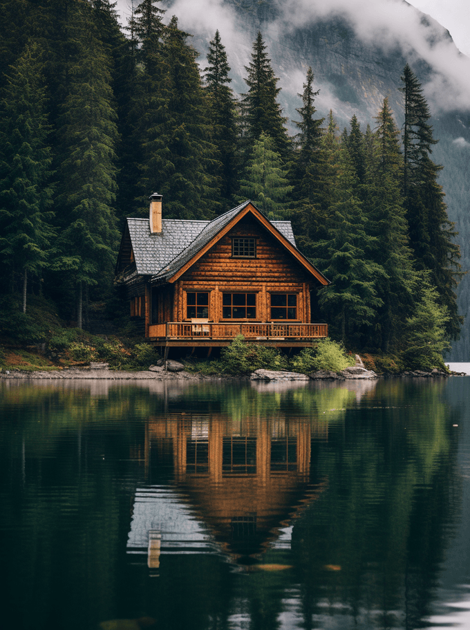 Artistic rendering of a cabin on a Swiss lake, wherein pixelated Cabincore aesthetics intertwine with an aura of natural tranquility.