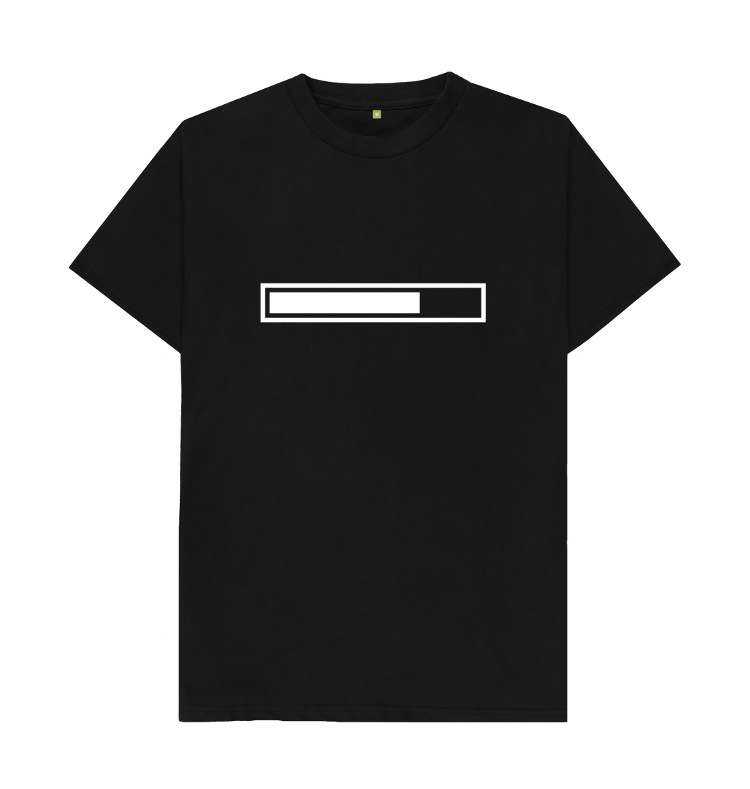 White design on a black T-shirt: It hasnut moved for  hours  Illustration of a loading indicator at about  loaded