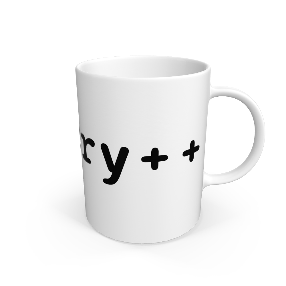 (A white mug with the text \