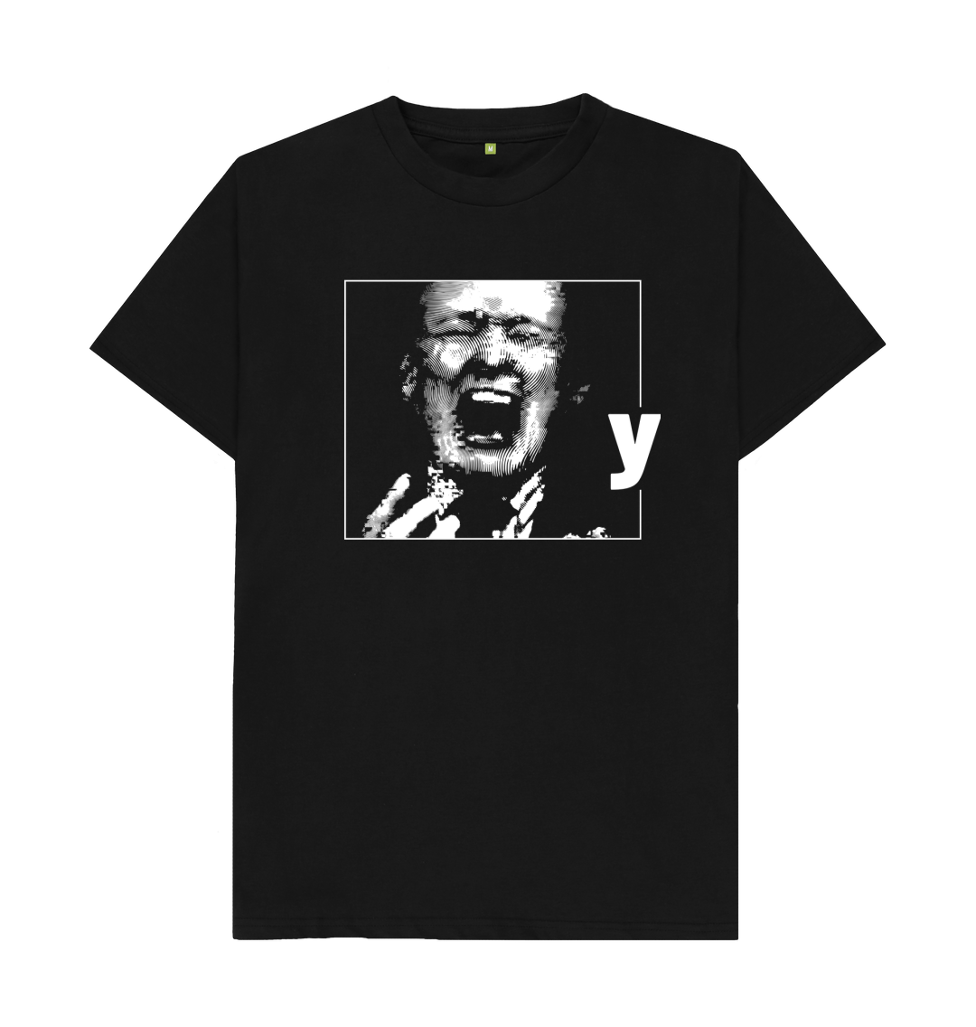 White design on a black T-shirt: A man screaming in pain with the letter y next to him in bold