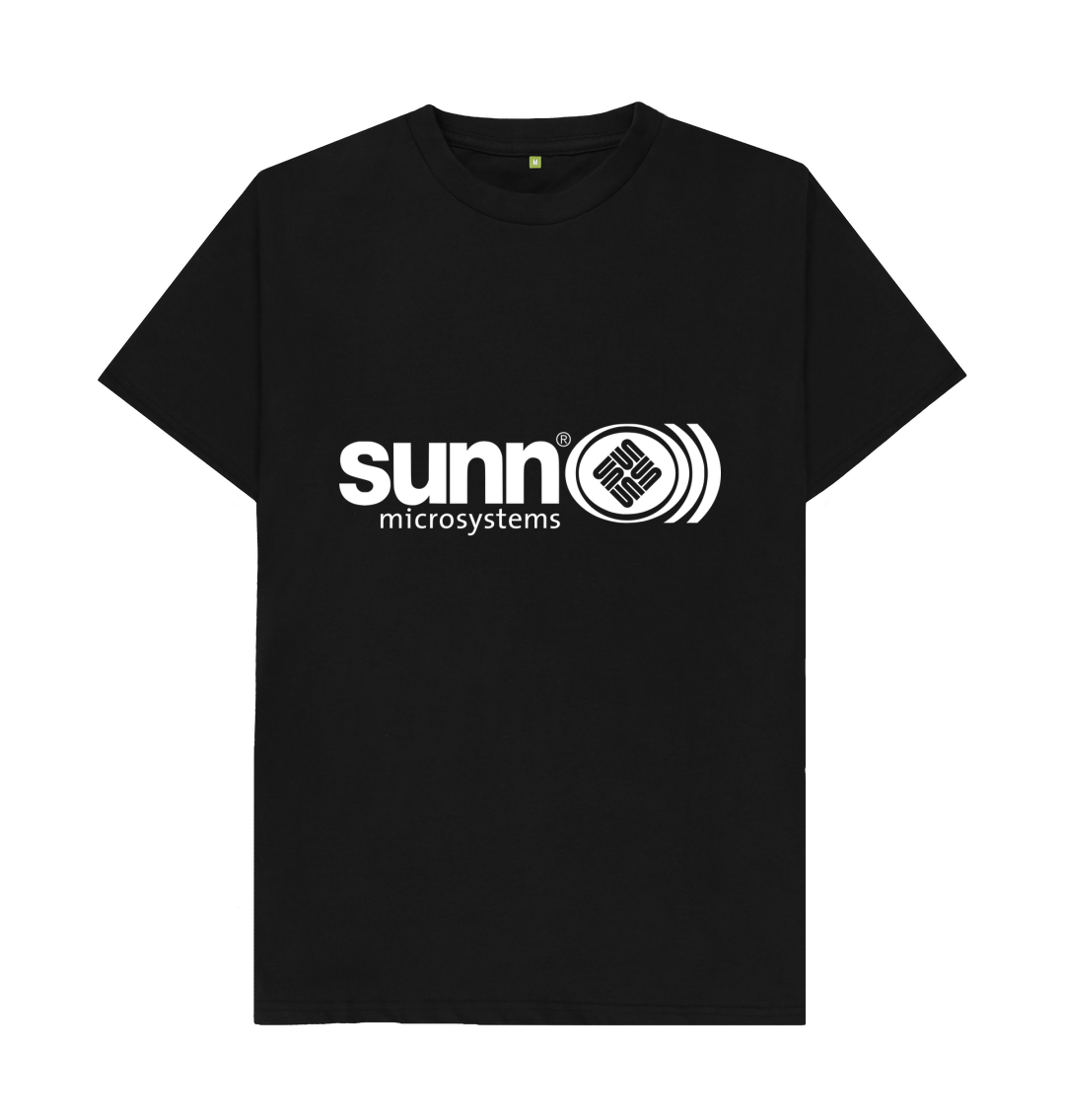 White design on a black T-shirt: Logo a mashup of Sunn amplification and Sun Microsystems