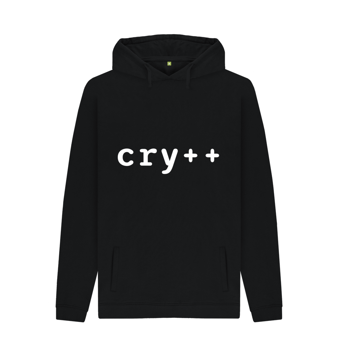 White design on a black T-shirt: The word cry followed by the increment operator