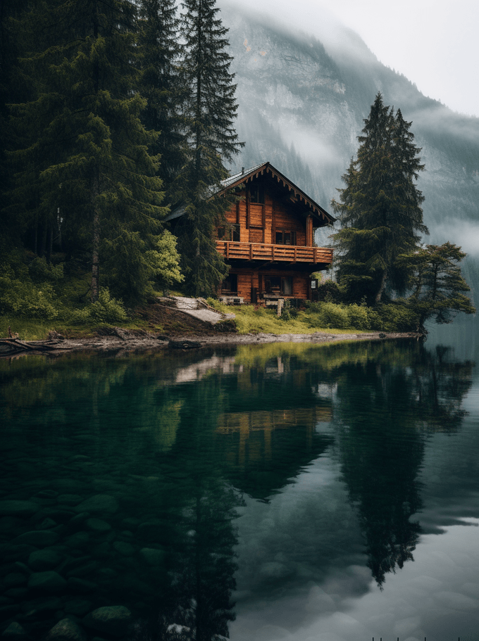 The dusky hues of a Swiss evening cast a tranquil shadow over a tiny lake cabin, echoing silent stories of sustainable and minimalist living.