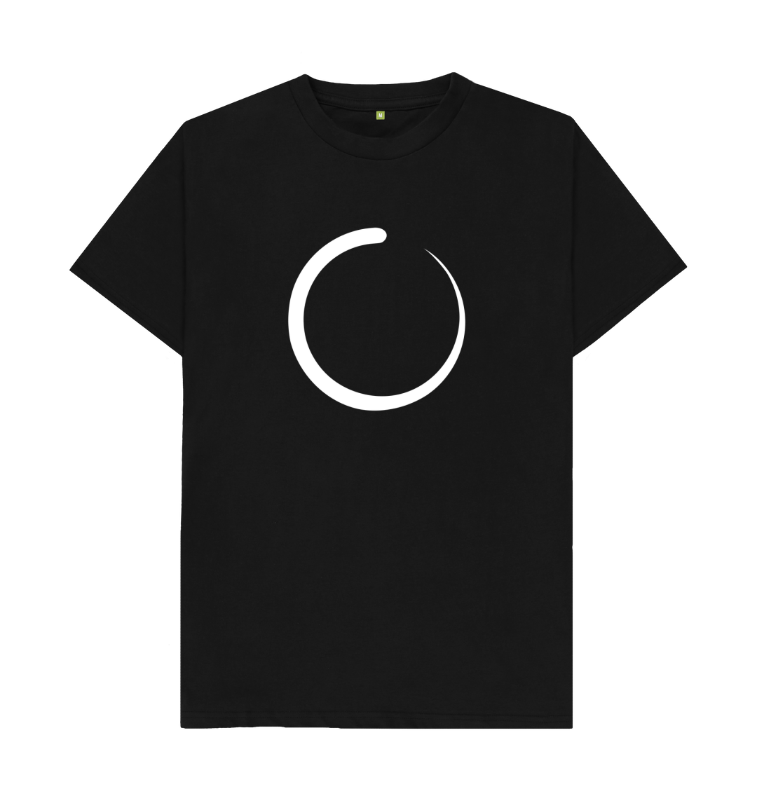 White design on a black T-shirt: Please wait  A sperm shaped circular JavaScript loading indicator