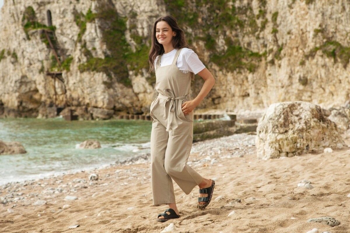 Women Dark Grey Solid High Waist Cotton Jumpsuits Summer main image 0