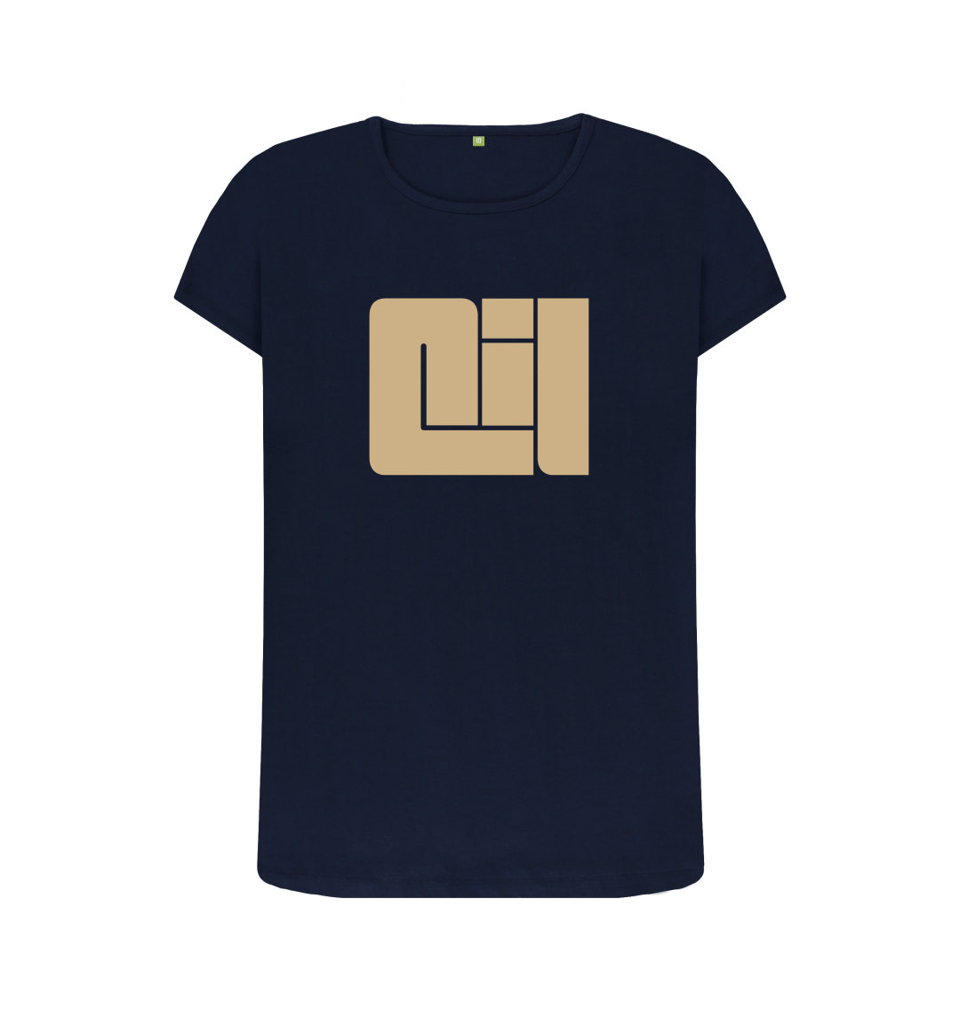 navy blue shirt with gold print