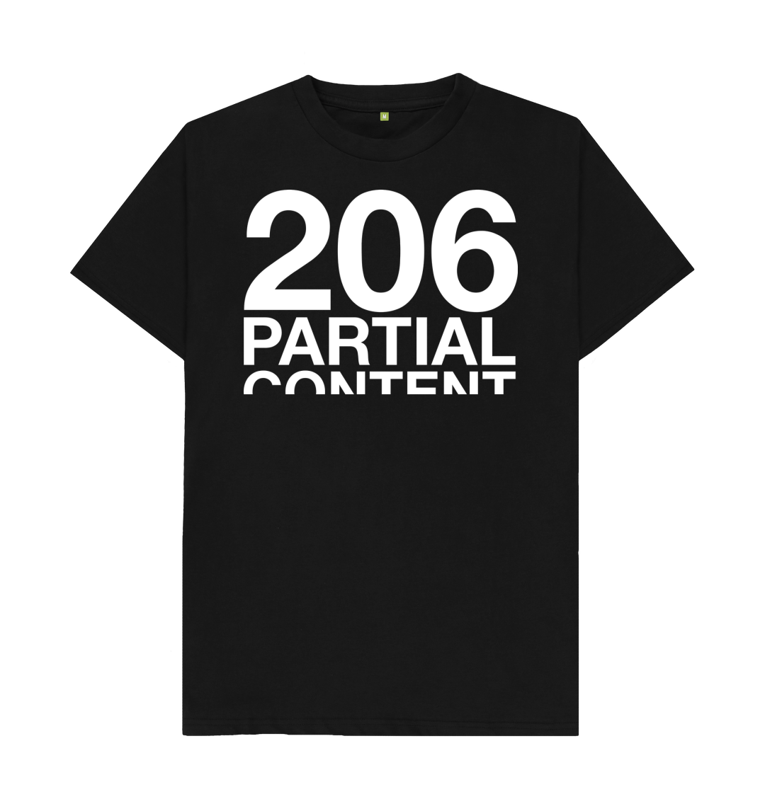 White design on a black T-shirt: The text  Partial Content in Helvetica with the bottom half of content cropped off