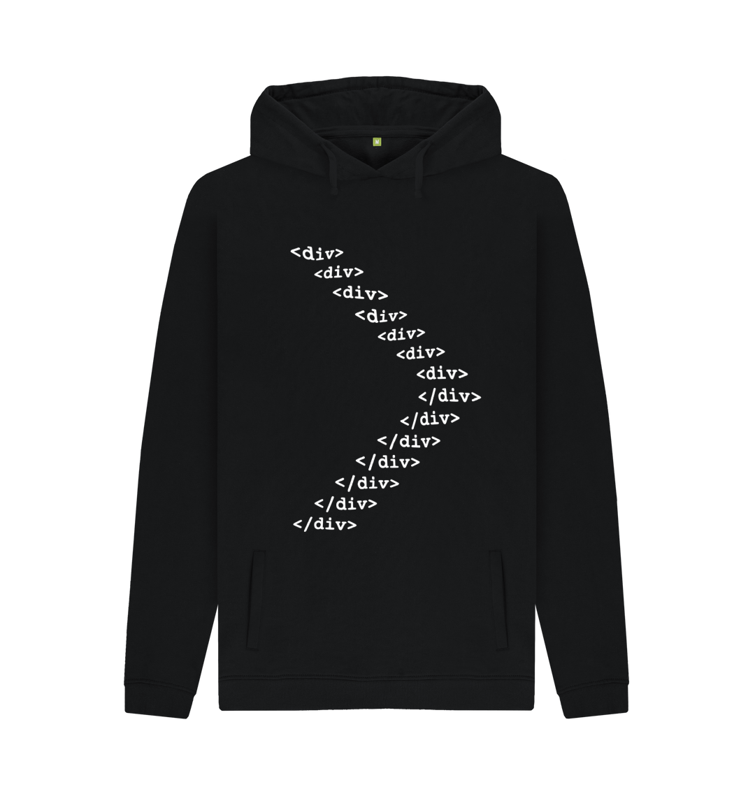 White design on a black T-shirt: A nested structure of slightly warped and degraded HTML div elements forming an arrow shape