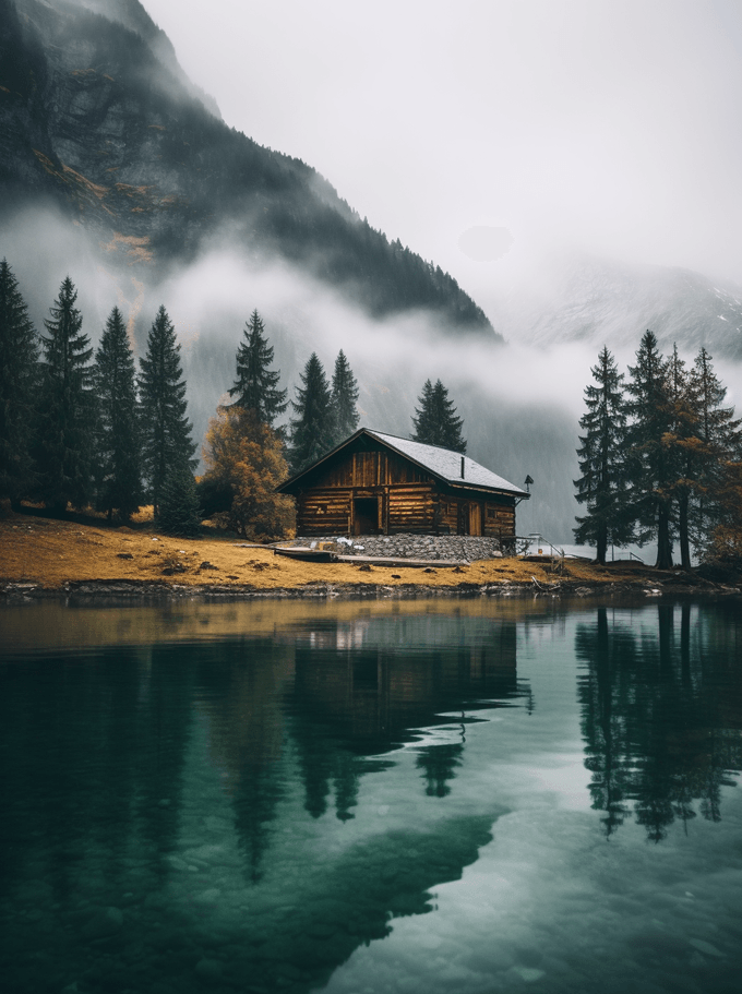 Enchanting view of a secluded Swiss lake cabin surrounded by dense foliage, offering a secluded retreat into mindful and minimalist existence.