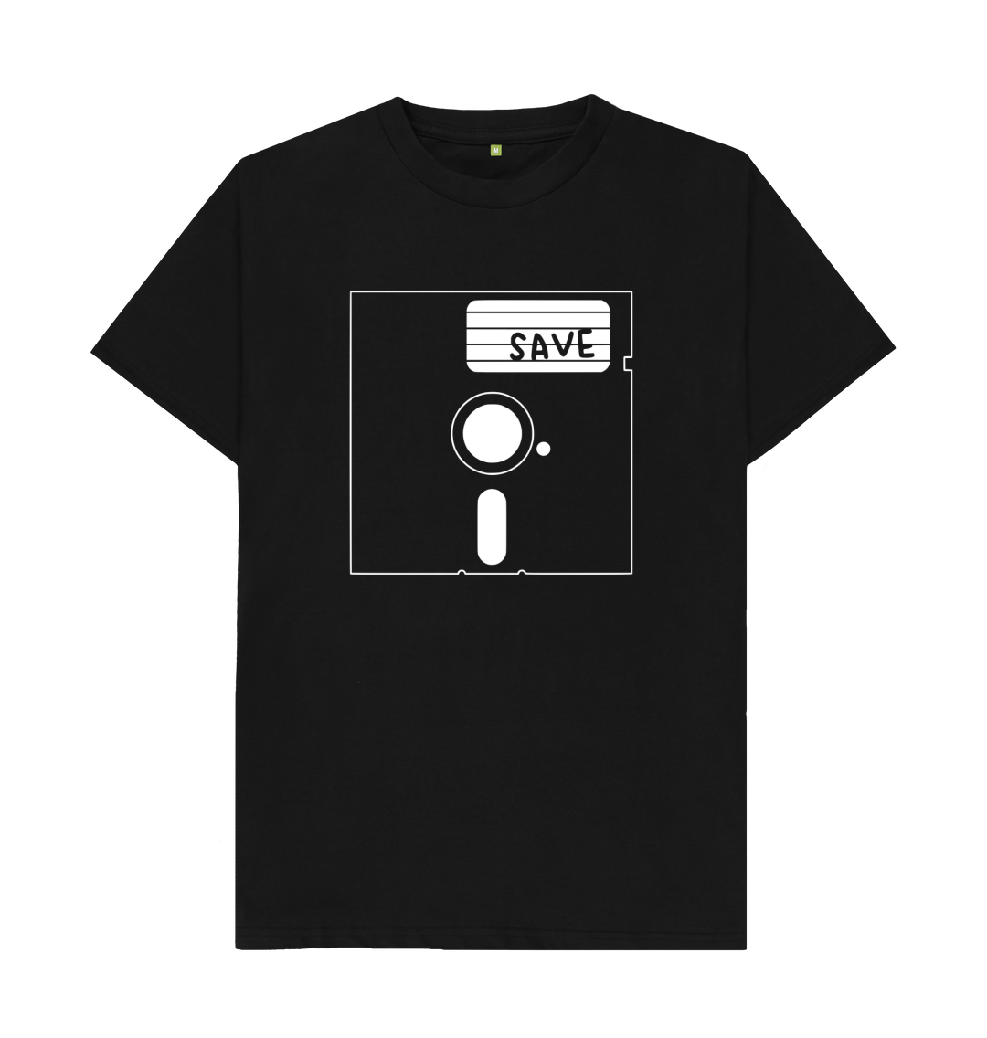 White design on a black T-shirt: Its the save icon except its a s  inch floppy