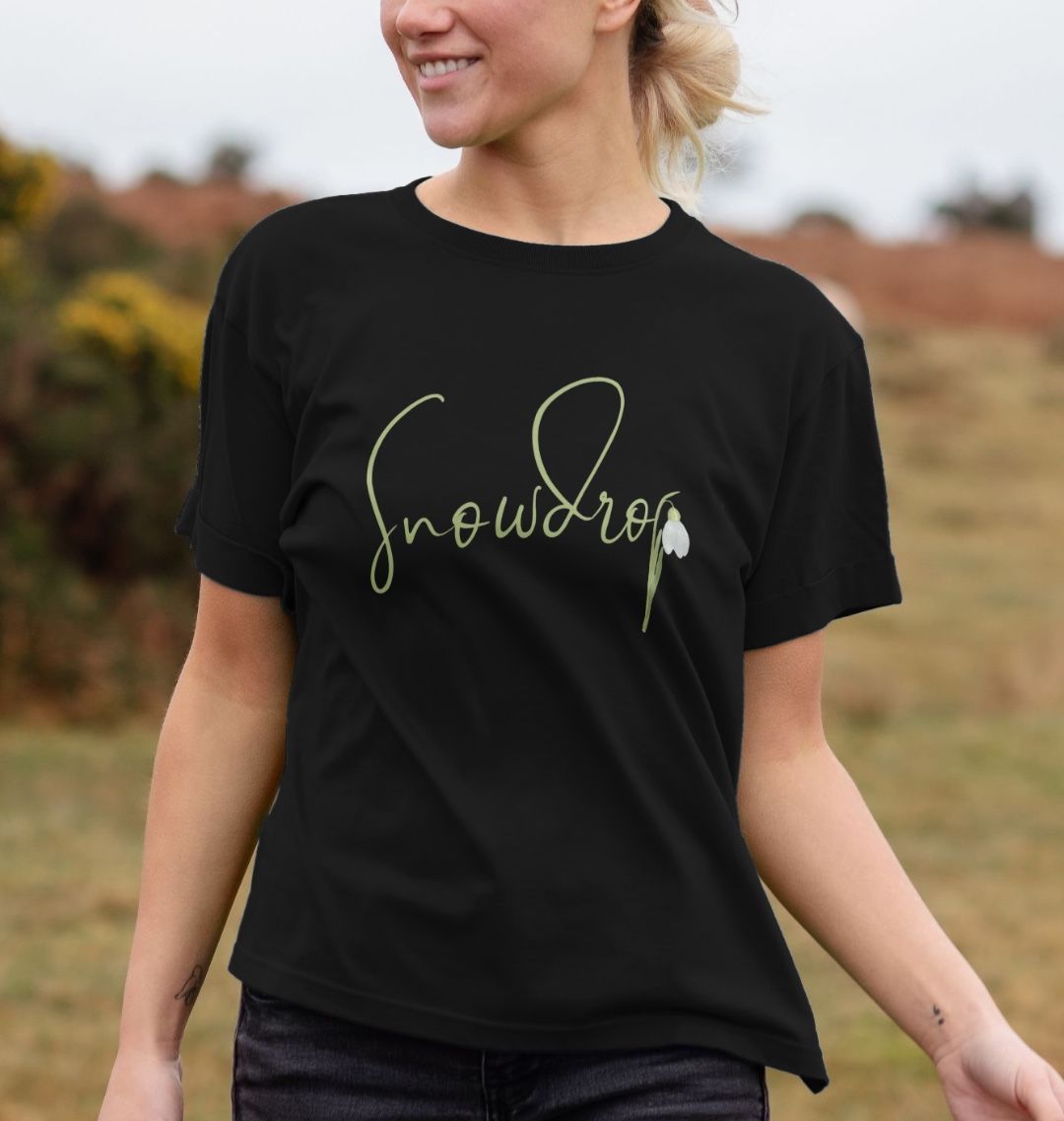 Women's ORGANIC Cotton Remill™ : Relaxed-Fit T-Shirt - Snowdrop (grn on blk)