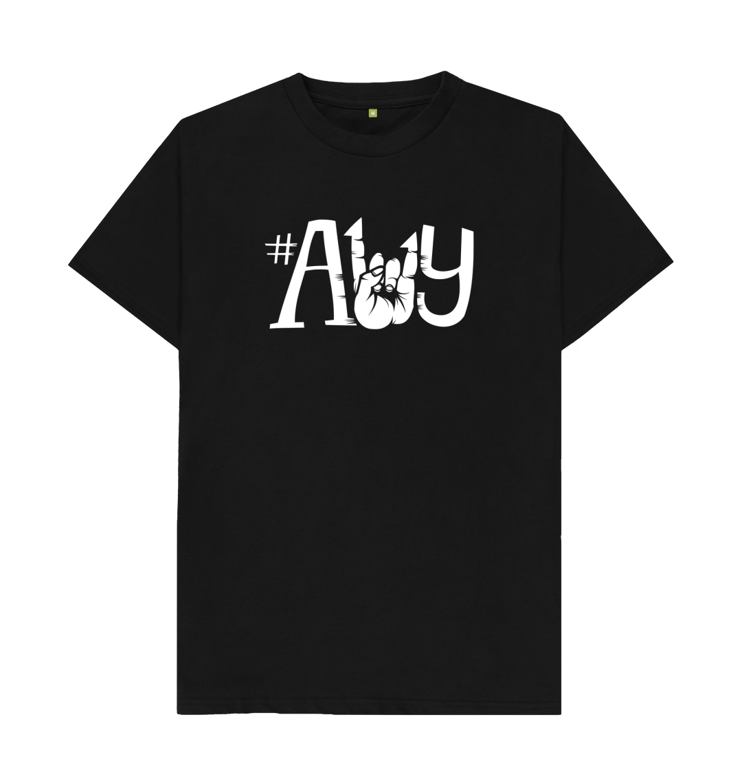 White design on a black T-shirt: Its short for accessibility The numeronym a   y with the  in the middle replaced by a hand doing devils horns