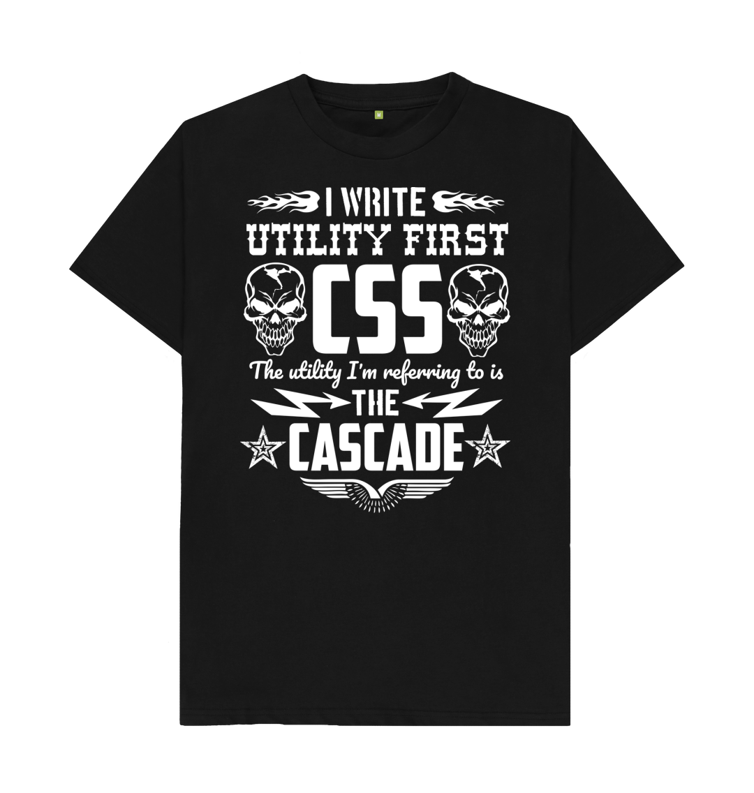 (A hypermasculine T-shirt design featuring skulls, patriotic stars, and flames, with the text \u201cI write utility first CSS. The utility I'm referring to is the cascade\u201d)
