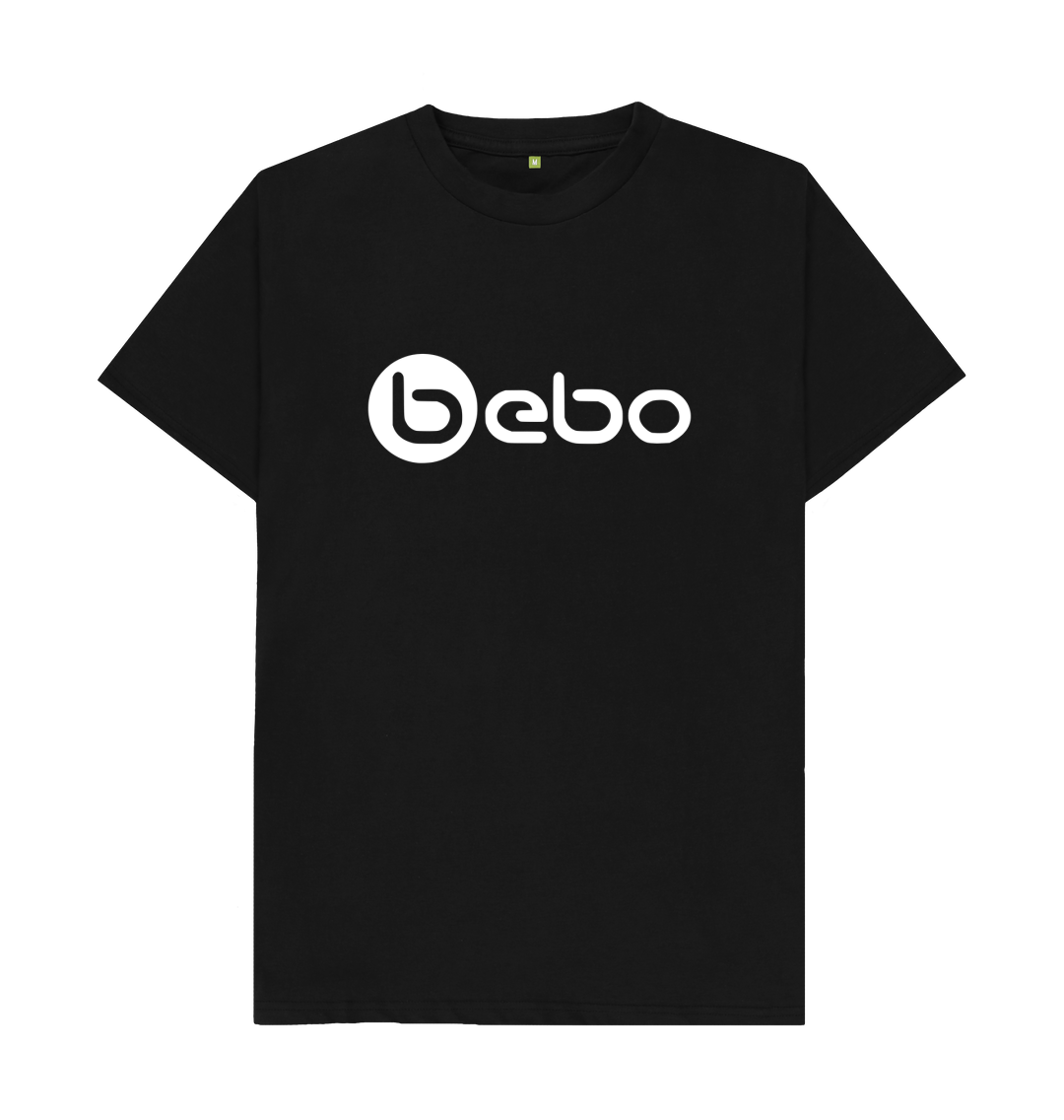 White design on a black T-shirt: The logo of the twotime defunct social media company Bebo