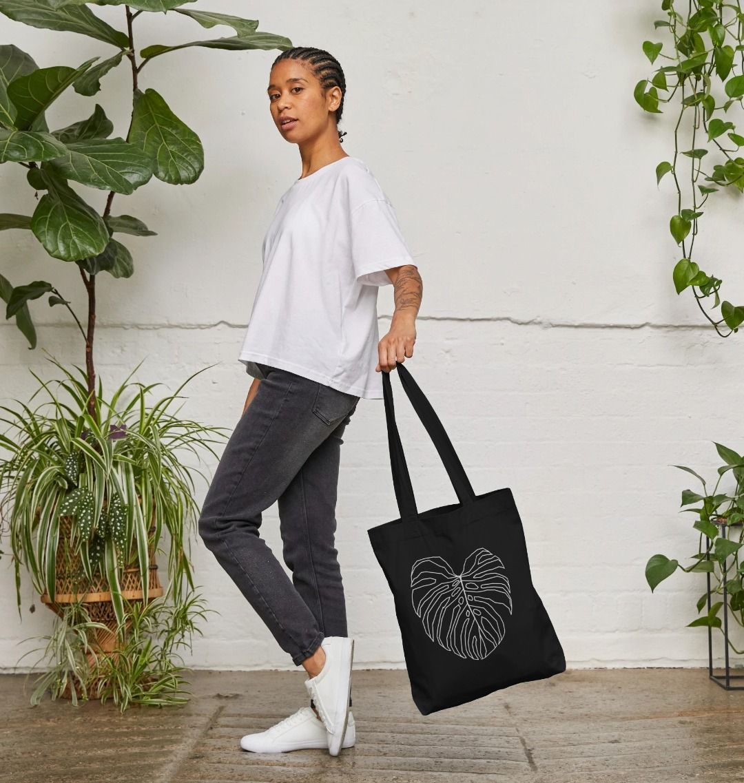 Monstera Leaf Botanical Black Organic Cotton Tote Bag Plant Lovers Bag